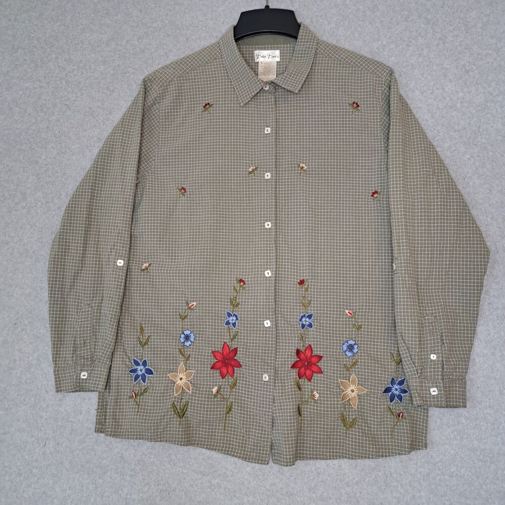 VTG Bobbie Brooks Womens Large Gingham Plaid Floral Embroidered Roll Tab Green